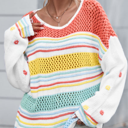 Hollow Striped Color Block Round Neck Sweater