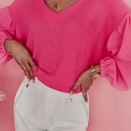 Waffle-Knit V-Neck Long Sleeve Blouse