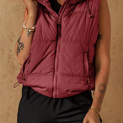 Drawstring Zip Up Hooded Vest Coat
