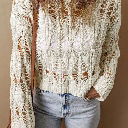 Cutout Round Neck Long Sleeve Knit Cover Up