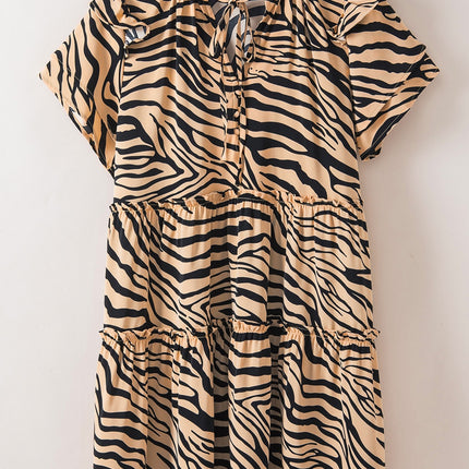 Ruffled Animal Print Tie Neck Mini Dress