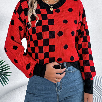 Plaid Round Neck Long Sleeve Sweater