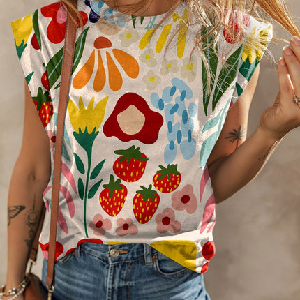 Printed Round Neck Cap Sleeve T-Shirt