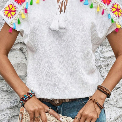 Tassel Tie Neck Short Sleeve Blouse