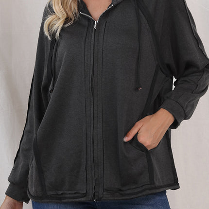 Exposed Seam Zip Up Long Sleeve Drawstring Hoodie