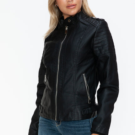 Snobbish PU Leather Biker Jacket with Side Zip Pockets