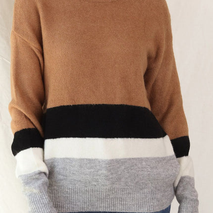 Color Block Round Neck Dropped Shoulder Sweater