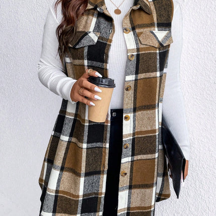 Honey Plus Size Pocketed Plaid Button Up Vest Coat - Vickie Lynn's