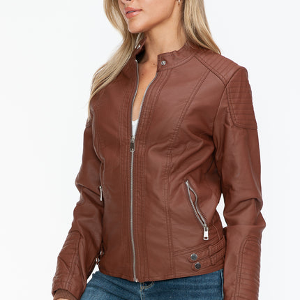 Snobbish Faux Leather Biker Jacket with Side Zip Pockets