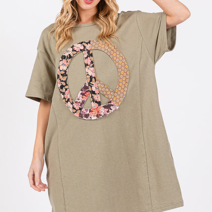 SAGE + FIG Full Size Peace Sign Applique Short Sleeve Tee Dress