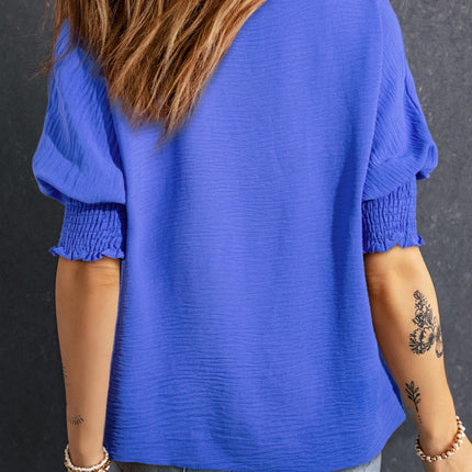 Smocked Johnny Collar Half Sleeve Blouse