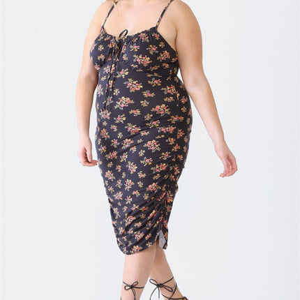 Blue Leopard Plus Size Ruched Floral Square Neck Cami Dress