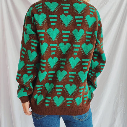 Heart Contrast Long Sleeve Dropped Shoulder Sweater