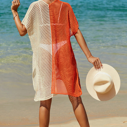 Double Take Openwork Contrast Slit Knit Cover Up