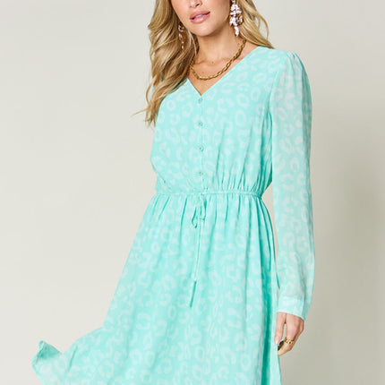 Double Take Full Size Printed Ruched V-Neck Long Sleeve Dress