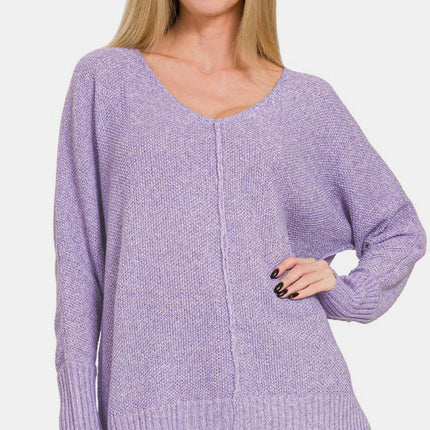 Zenana High-Low Center Seam V-Neck Sweater