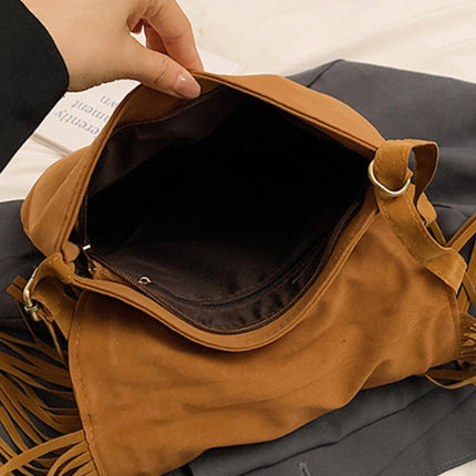 Suede Fringe Wide Strap Shoulder Bag