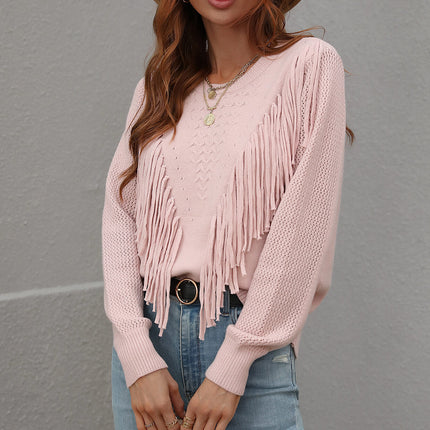 Double Take Fringe Detail Ribbed Trim Sweater