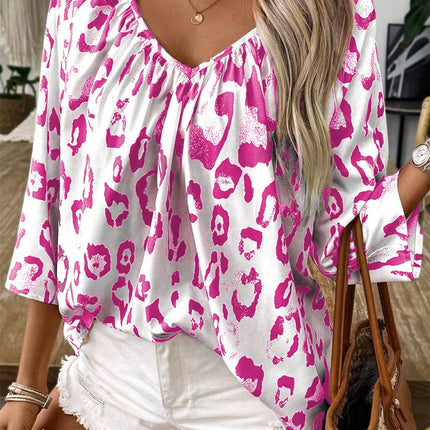 Leopard V-Neck Three-Quarter Sleeve Blouse