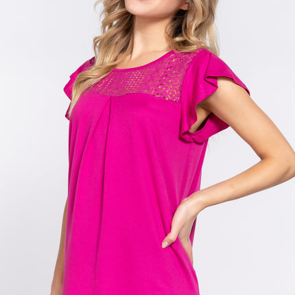 ACTIVE BASIC Ruffle Short Sleeve Lace Detail Knit Top