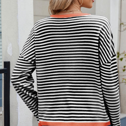 Striped Contrast Round Neck Long Sleeve Sweater