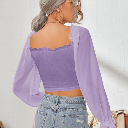 Mesh Sweetheart Neck Flounce Sleeve Top