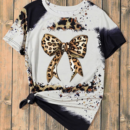 Bow Graphic Leopard Round Neck Short Sleeve T-Shirt