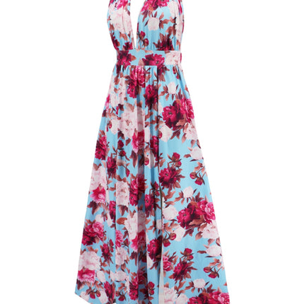 Slit Backless Printed Halter Neck Dress