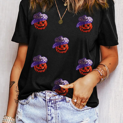 Sequin Pumpkin Round Neck Short Sleeve T-Shirt