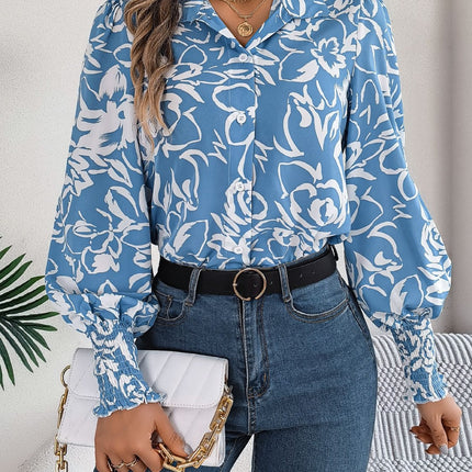 Printed Collared Neck Lantern Sleeve Shirt