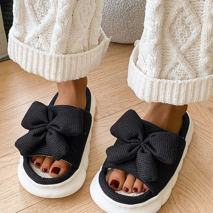 Bow Waffle-Knit Platform Slippers