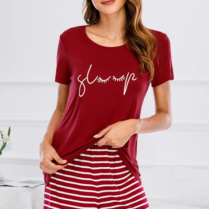 Graphic Round Neck Top and Striped Shorts Lounge Set