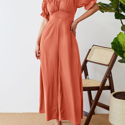 Off-Shoulder Short Sleeve Wide Leg Jumpsuit