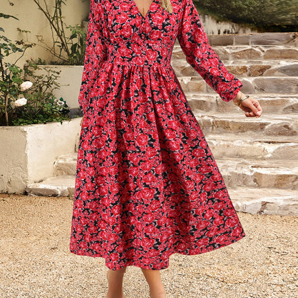 Floral V-Neck Long Sleeve Midi Dress