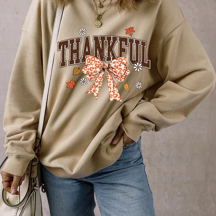 THANKFUL Bow Round Neck Long Sleeve Sweatshirt