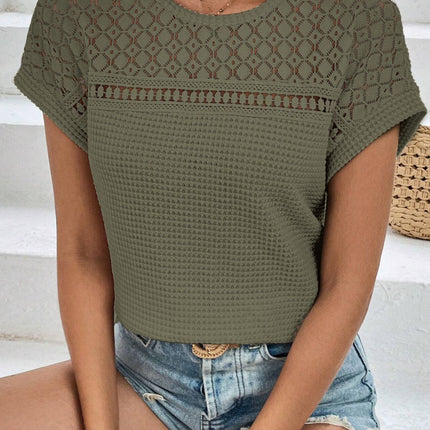 Waffle-Knit Round Neck Short Sleeve Top