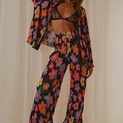 Printed Collared Neck Long Sleeve Top and Pants Lounge Set