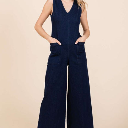 Mittoshop Sleeveless Wide Leg Denim Jumpsuit