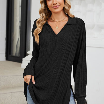 Slit Johnny Collar Long Sleeve T-Shirt