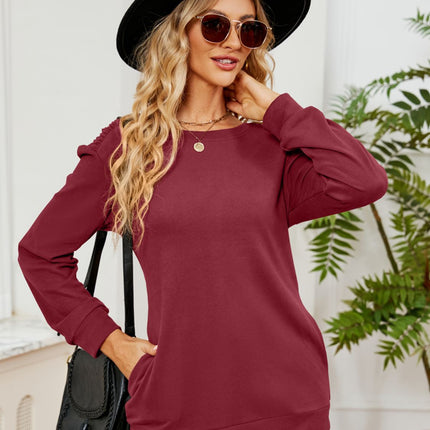 Ruched Shoulder Round Neck Long Sleeve Sweatshirt