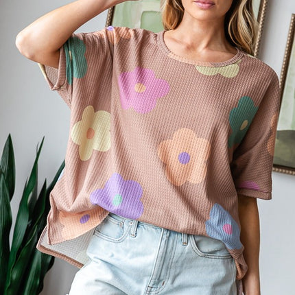HOPELY Full Size Floral Round Neck Side Slit Waffle T-Shirt