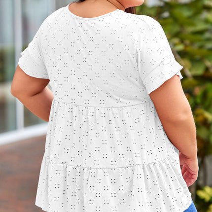 Plus Size Eyelet Round Neck Short Sleeve Blouse