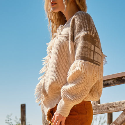 And The Why Plaid Pattern Color Block Fringe Sweater