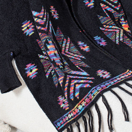 Fringe Geometric Open Front Long Sleeve Cape