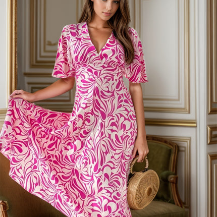 Printed Surplice Half Sleeve Midi Dress