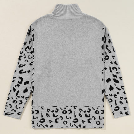 Slit Leopard Mock Neck Dropped Shoulder Sweater