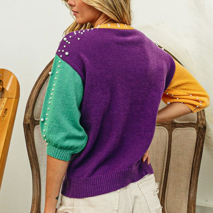 BiBi Color Block Pearl Detail Round Neck Sweater