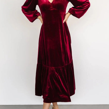 V-Neck Long Sleeve Midi Velvet Dress