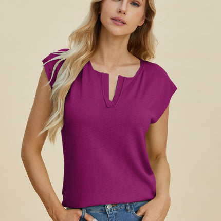 Double Take Full Size Notched Cap Sleeve Knit Top