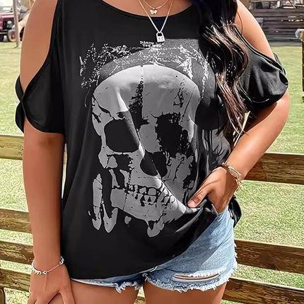 Plus Size Skeleton Graphic Round Neck Cold Shoulder T-Shirt